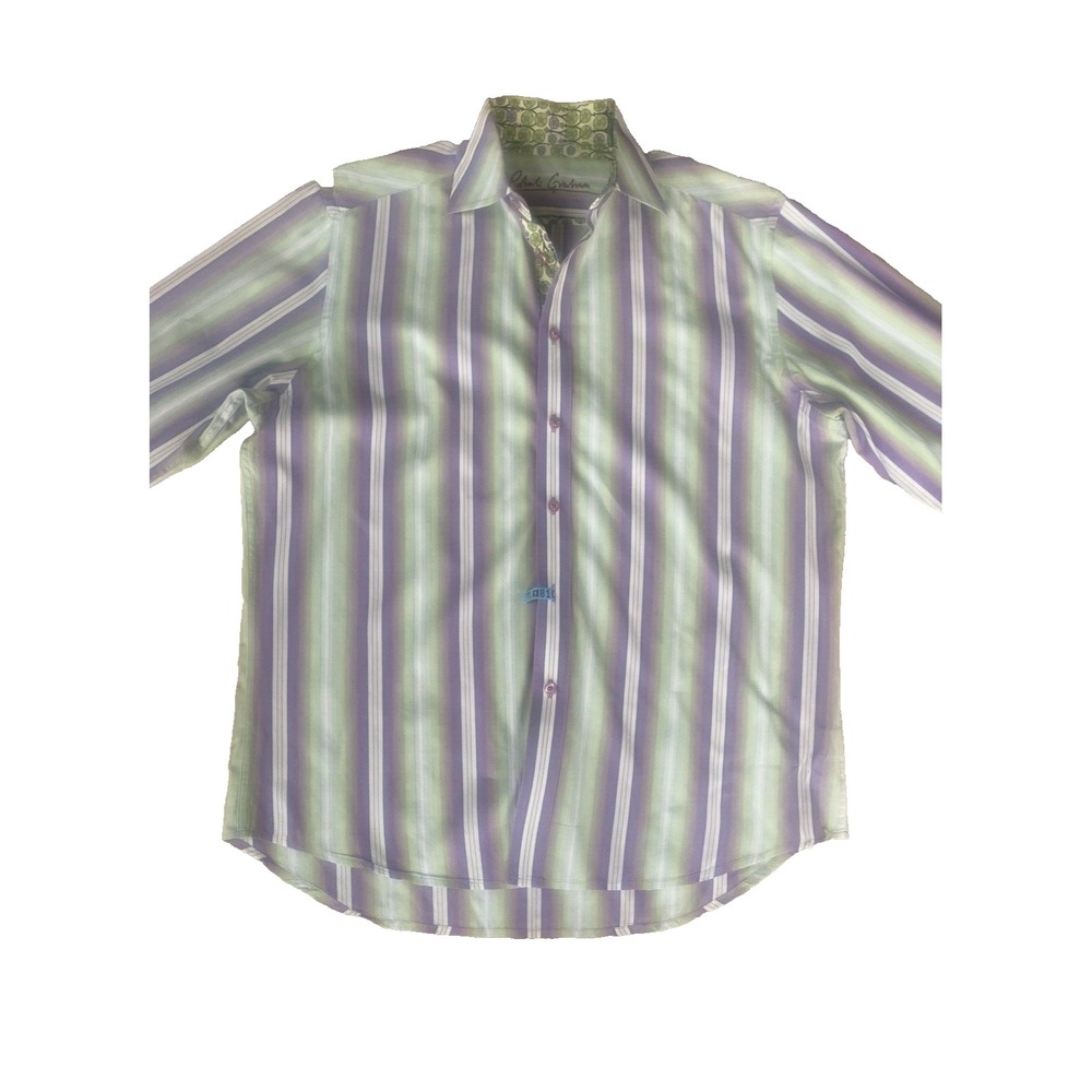 ROBERT GRAHAM Mens Green Purple Striped French Cuff Long Sleeve Button Up Large